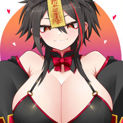  black_bra black_collar black_hair black_sleeves blush bow bowtie bra breasts cleavage closed_mouth collar commentary_request detached_collar detached_sleeves female hair_between_eyes heart huge_breasts indie_virtual_youtuber jiangshi kasumi_yuka koto_iron long_bangs looking_at_viewer medium_hair multicolored_hair ofuda orange_eyes red_bow red_bowtie red_hair smile solo streaked_hair underwear upper_body virtual_youtuber wolf_cut 