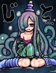  absurdres breasts commentary_request female green_eyes grey_hair hair_over_one_eye highres jacket long_hair looking_at_viewer mojo monster_girl nazo_no_diaboro parted_lips puniru_(puniru_wa_kawaii_slime) puniru_wa_kawaii_slime sitting slime_girl small_breasts solo track_jacket wariza 