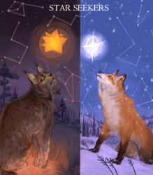  ambiguous_gender canid canine cheek_tuft constellation crossover david_wehle duo facial_tuft felid feline female_(lore) feral fluffy fox fur fuzzy glistening glistening_eyes glowing grass hi_res inna_(shelter_2) looking_up lynx mammal might_and_delight nature nature_background night orange_body orange_fur outside plant shelter_(game_series) sitting sky snow snowing standing star starry_sky tan_body tan_fur text the_first_tree_(game) tree tuft whiskers winter wolian_hut 