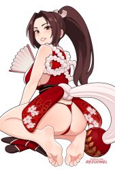  artist_name ass bare_legs bare_shoulders barefoot breasts brown_eyes brown_hair fatal_fury feet female folding_fan full_body hand_fan high_ponytail highres japanese_clothes large_breasts legs long_hair looking_at_viewer motoyui nail_polish ninja no_socks open_mouth patreon_username ponytail revealing_clothes rezodwel shiranui_mai sideboob smile socks soles solo thighs toenail_polish toenails toes web_address 