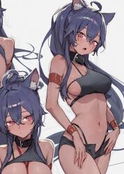  ahoge animal_ears arm_strap bare_shoulders black_collar black_shirt black_shorts blue_hair breasts brown_kemomimi-chan_(krr) collar commentary_request commission cowboy_shot crop_top dark-skinned_female dark_skin dungeon_and_fighter female frown highleg highres long_hair looking_at_viewer medium_breasts micro_shorts midriff multiple_views navel oerba_yun_fang open_fly open_mouth original panty_straps partial_commentary ponytail red_eyes shirt shorts sooon spaghetti_strap stomach thighs very_long_hair wristband 