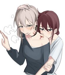  2girls bite_mark bite_mark_on_neck bite_mark_on_shoulder black_sweater blood blood_on_neck blood_on_shoulder blue_eyes blush commentary_request earclip girls_band_cry grey_eyes grey_hair haidao_mao hand_on_another&#039;s_head highres iseri_nina kawaragi_momoka long_hair long_sleeves multiple_girls off_shoulder parted_lips shirt short_sleeves simple_background sweater upper_body white_background white_shirt yuri 