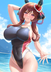  animal_ears arm_behind_head bare_arms black_one-piece_swimsuit blue_sky blush braid braided_hair_rings breasts brown_hair cleavage cloud cloudy_sky commentary_request covered_navel female gentildonna_(umamusume) hair_rings heart_ear_ornament highleg highleg_one-piece_swimsuit highres horse_ears horse_girl large_breasts long_hair looking_at_viewer ocean one-piece_swimsuit outdoors red_eyes sidelocks sky smile solo swimsuit thighs umamusume wet yuunagi_(0217) 