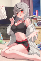  339_akano :d absurdres alternate_costume bare_legs barefoot black_hair black_shorts black_sports_bra blush book book_stack breasts cable_knit can cardigan cleavage clock commentary_request cotton_swab dolphin_shorts double-parted_bangs drink_can female grey_cardigan grey_hair hair_between_eyes hair_ornament hairclip hand_up highres holding_cotton_swab hololive indoors large_breasts linea_alba looking_at_viewer loungewear midriff multicolored_hair nail_polish navel night oerba_yun_fang off_shoulder on_floor open_cardigan open_clothes plastic_bottle reaching reaching_towards_viewer red_eyes red_nails sakamata_chloe short_shorts shorts sitting smile solo sports_bra streaked_hair teeth television unworn_clothes upper_teeth_only virtual_youtuber wariza x_hair_ornament 