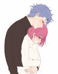  1boy arms_around_waist artist_name black_sweater bob_cut breasts couple dated female grey_hair hair_between_eyes highres hug hug_from_behind jewelry krudears light_blush light_smile long_sleeves medium_breasts pink_hair protagonist_(tokimemo_gs3) purple_eyes red_eyes ring shitara_seiji short_hair smile straight sweater tokimeki_memorial tokimeki_memorial_girl&#039;s_side tokimeki_memorial_girl&#039;s_side_3rd_story turtleneck turtleneck_sweater upper_body wavy_hair white_background white_sweater 