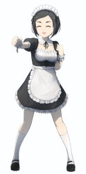  :d apron black_dress black_footwear black_hair breasts clenched_hands closed_eyes dress facing_viewer female full_body highres idolmaster idolmaster_cinderella_girls maid maid_apron maid_headdress mary_janes matsuo_chizuru nakata_(nkt_vvd) shoes short_hair short_sleeves simple_background small_breasts smile socks solo standing white_background white_socks 