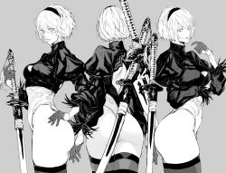  2b_(nier:automata) ass breasts feather_trim female from_behind from_side gloves grey_background greyscale hair_ornament hairband hand_on_own_hip highleg highleg_leotard highres leotard lips long_sleeves looking_at_viewer medium_breasts mole mole_under_mouth monochrome multiple_views nier:automata nier_(series) nishiii26miii puffy_sleeves short_hair simple_background sword thighhighs turtleneck weapon weapon_on_back 