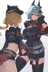  2girls absurdres ass belt black_gloves black_hat black_horns black_jacket black_shirt black_shorts black_thighhighs blonde_hair breasts caesar_king_(zenless_zone_zero) cleavage clenched_hands collar commentary_request cowboy_shot cropped_jacket cross-laced_clothes cross-laced_top fur-trimmed_jacket fur_trim gloves green_hair grin hair_between_eyes hair_ornament half_gloves hat highres horns jacket jacket_on_shoulders large_breasts looking_at_another luciana_de_montefio median_furrow multiple_girls open_mouth partial_commentary ponytail prosthesis prosthetic_arm prosthetic_hand red_collar sasa_(sasa_ekakiman) shirt short_shorts shorts sidelocks simple_background smile standing thighhighs thighs white_background white_belt x_hair_ornament yellow_eyes zenless_zone_zero zettai_ryouiki 