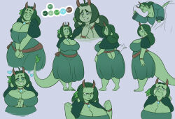  anthro big_breasts blue_eyes bodily_fluids bottomwear breasts brown_horn cleavage closed_eyes clothed clothing cobatsart crying dragon dress female freckled_breasts freckles furgonomic_bottomwear furgonomics green_body green_clothing green_dress green_hair green_skin hair hearts_around_head hi_res horn long_tail maple_(cobat) model_sheet monotone_body mythological_creature mythological_scalie mythology scalie skindentation sleeping smile solo standing tail tail_through_skirt tears thick_thighs wide_hips 