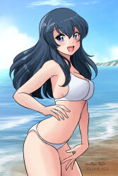  alternate_costume beach bikini blue_eyes blue_hair blush breasts cleavage eclair_(girls_und_panzer) female girls_und_panzer girls_und_panzer_gekitou!_maginot-sen_desu!! hand_on_own_hip large_breasts long_hair matsui_yasutsugu smile swimsuit white_bikini 