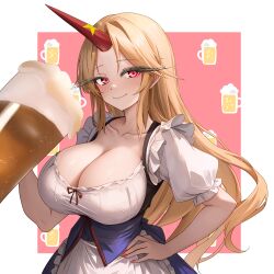  absurdres alcohol alternate_costume apron beer beer_mug blonde_hair blush border breasts cleavage collarbone cone_horns cup female frilled_apron frills hand_on_own_hip highres holding holding_cup horns hoshiguma_yuugi huge_breasts long_eyelashes long_hair looking_at_viewer mug nail_polish oktoberfest oversized_object puffy_short_sleeves puffy_sleeves red_eyes scoop_neck short_sleeves smile solo sugar_you touhou very_long_hair waist_apron white_apron white_border 