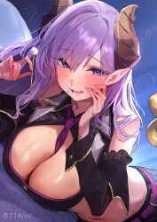  bare_shoulders blush breasts demon_girl detached_sleeves female highres horns indie_virtual_youtuber large_breasts long_hair long_sleeves looking_at_viewer lying mimikaki mole mole_under_mouth navel necktie on_stomach open_mouth pointy_ears purple_eyes purple_hair purple_necktie smile solo virtual_youtuber yuyu_(yuyuworks) 