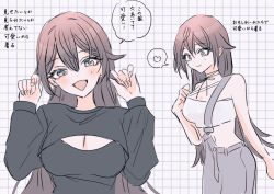  aomi_rizu black_shirt blush breasts brown_hair cleavage commentary_request double-parted_bangs female fingernails flower grey_overalls hair_flower hair_ornament heart highres large_breasts long_hair looking_at_viewer mole mole_on_cheek multiple_views navel original overalls paddy_field shirt smile speech_bubble spoken_heart straight_hair strapless translation_request tube_top very_long_hair white_tube_top 