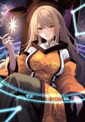  absurdres black_hat closed_mouth commentary_request constellation constellation_print crossed_legs detached_sleeves feet_out_of_frame female hand_up hat highres light_brown_hair long_hair looking_at_viewer maka_(user_rryf2748) matara_okina orange_eyes orange_sleeves orange_tabard sitting sky smile solo star_(sky) starry_sky tabard touhou very_long_hair wide_sleeves 