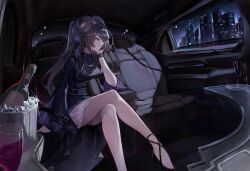  absurdres alcohol animal_ears aoria arknights black_dress breasts brown_eyes brown_hair buttons car_interior city_lights cityscape commentary_request crossed_legs double-breasted dress facing_to_the_side female full_body hair_intakes high_heels highres jewelry lin_(arknights) long_hair medium_breasts mouse_ears necklace ponytail sitting solo thighs wine 