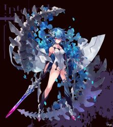  almace_(phantom_of_the_kill) black_gloves black_socks blue_flower blue_hair blue_petals closed_mouth commentary_request crossed_bangs da-kuro female flower full_body g-row gloves grey_footwear hair_between_eyes hair_ornament holding holding_polearm holding_sword holding_weapon integral_killer_(phantom_of_the_kill) looking_at_viewer official_alternate_costume official_art petals phantom_of_the_kill pink_eyes polearm second-party_source short_hair simple_background socks solo spine standing straight-on sword weapon 