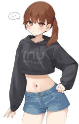  :/ absurdres black_hoodie blue_shorts blush breasts brown_eyes brown_hair closed_mouth clothes_writing commentary_request cowboy_shot cropped_hoodie denim denim_shorts female hand_on_own_hip highres hood hoodie kopaka_(karda_nui) large_breasts long_hair long_sleeves looking_at_viewer navel original puffy_long_sleeves puffy_sleeves shorts side_ponytail simple_background solo spoken_blush stomach sweat thighs white_background 