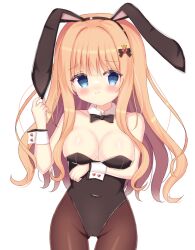  animal_ears ass_visible_through_thighs black_bow black_bowtie black_leotard black_pantyhose blonde_hair blue_eyes borrowed_character bow bowtie breasts cleavage detached_collar female large_breasts leotard long_hair looking_at_viewer original pantyhose playboy_bunny prunus_ume rabbit_ears rabbit_tail solo strapless strapless_leotard tail wavy_hair 