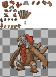  4_fingers ambiguous_gender anthro beta_pokemon_(species) beta_pokemon_games biped brown_body brown_scales colored concept_art digital_media_(artwork) fin fingers frill_(anatomy) grey_body hi_res markings neck_frill nintendo official_art open_mouth pixel_(artwork) pokemon red_body red_frill red_markings red_scales scales semi-anthro shaded solo sprite_sheet standing tail tail_fin unknown_artist unknown_species 