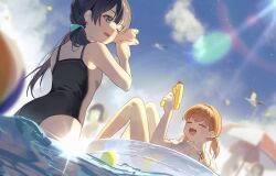  2girls :d ;d black_one-piece_swimsuit blue_eyes blue_hair blue_ribbon blue_sky blurry blurry_background closed_eyes cloud crossed_bangs dark_blue_hair day dkou dutch_angle fujishima_megumi hair_ornament hair_ribbon hashtag-only_commentary highres hinoshita_kaho holding holding_water_gun knees_up light_particles link!_like!_love_live! long_hair love_live! low_twintails medium_hair momose_ginko multiple_girls murano_sayaka on_innertube one-piece_swimsuit one_eye_closed orange_hair otomune_kozue outdoors rabbit_hair_ornament ribbon sky smile swimsuit twintails virtual_youtuber wading water_gun white_innertube 