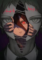  2boys brown_hair collared_shirt danganronpa_(series) danganronpa_3_(anime) hair_between_eyes highres hinata_hajime kamukura_izuru long_hair looking_at_viewer multiple_boys portrait purple_background red_eyes ripping scar scar_on_face scar_on_forehead sei_yaaa shirt short_hair teeth 