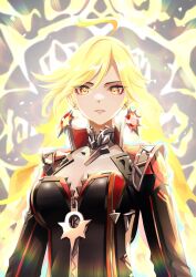  ahoge black_bodysuit blonde_hair bodysuit breasts earrings female genshin_impact highres jewelry large_breasts long_hair long_sleeves looking_at_viewer mavuika_(genshin_impact) mon-chan official_alternate_hair_color solo upper_body yellow_eyes 