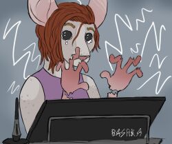  anthro bashka blahostka bodily_fluids broken_fingers crying drawing_tablet flat_colors gynomorph intersex mammal meme murid murine rat rodent simple_background sketchy solo tablet_pen tears toony 