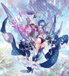  almace_(phantom_of_the_kill) ass back blue_hair bug butterfly commentary_request crossed_bangs da-kuro female from_behind full_body hair_between_eyes hair_ornament holding holding_sword holding_weapon looking_at_viewer looking_back official_alternate_costume official_art outstretched_arm phantom_of_the_kill pink_eyes purple_eyes second-party_source shoes short_shorts shorts solo sword weapon 