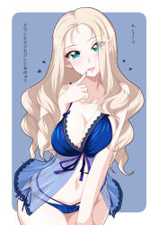  babydoll bare_shoulders blonde_hair blue_background blue_bra blue_eyes blue_panties border bra breasts cleavage collarbone cowboy_shot drill_hair female finger_to_mouth fingernails frills girls_und_panzer green_eyes heart heart-shaped_pupils highres ichijou_takakiyo lace-trimmed_bra lace_trim large_breasts leaning_forward lingerie long_fingernails long_hair looking_at_viewer marie_(girls_und_panzer) navel open_mouth outside_border panties parted_bangs side-tie_panties simple_background smile solo stomach swimsuit symbol-shaped_pupils thighs translation_request underwear very_long_hair wavy_hair white_border 