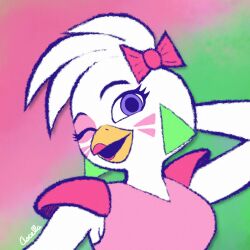  1:1 anthro ascella_(artist) avian beak beakstick bird bodypaint breasts chicken clothing ear_piercing ear_ring eyelashes face_paint feather_hair feathers female five_nights_at_freddy's five_nights_at_freddy's:_security_breach furgonomics galliform glamrock_chica gradient_background green_background green_jewelry hand_behind_head hi_res jewelry leotard lipstick makeup one_eye_closed open_beak open_mouth phasianid piercing pink_background pink_bow pink_clothing pink_leotard pink_lipstick portrait pseudo_hair purple_eyes raised_arm ring_piercing scottgames shoulder_pads side_boob signature simple_background smile solo steel_wool_studios white_body white_feathers wink 