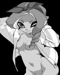  arms_up bandana black_background breasts closed_mouth collarbone drill_hair eyebrow_cut eyes_visible_through_hair female greyscale highres ikki_(gsl_9708) korean_commentary long_hair long_sleeves medium_breasts monochrome naked_shirt navel octoling octoling_girl octoling_player_character one_eye_closed open_clothes open_shirt shirt simple_background solo splatoon_(series) tentacle_hair 