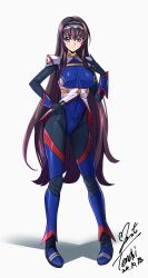  absurdres black_hair black_hairband black_pantyhose blue_eyes blue_leotard blue_thighhighs code_geass code_geass:_lost_stories commentary_request commission female full_body hairband hands_on_own_hips highleg highleg_leotard highres lace-trimmed_hairband lace_trim leotard long_hair long_sleeves looking_at_viewer maya_disel pantyhose pilot_suit pixiv_commission sidelocks simple_background solo thighhighs very_long_hair white_background yoo_tenchi 