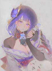  braid breasts cleavage closed_mouth copyright_request dango drinking drinking_straw female flower food genshin_impact hair_flower hair_ornament hand_up highres holding japanese_clothes kayakooooo kimono large_breasts long_hair looking_at_viewer mole mole_under_eye obi purple_eyes purple_flower purple_hair raiden_shogun sash simple_background solo wagashi wide_sleeves 