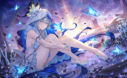  absurdres armlet bantish bare_legs black_flower blake_bloom_(wuthering_waves) blue_butterfly blue_hair blue_nails blue_veil breasts bug butterfly butterfly_on_hand colored_eyelashes commentary dress dutch_angle female flower from_side hair_between_eyes highres jewelry knees_up large_breasts legs light_smile long_hair looking_at_viewer nail_polish outdoors parted_lips purple_eyes red_pupils sandals sideboob sitting sleeveless sleeveless_dress solo the_shorekeeper_(wuthering_waves) toenail_polish toenails toes two-tone_veil veil white_dress white_veil wuthering_waves 