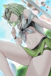  3girls absurdres amiya_(arknights) animal_ear_fluff animal_ears arknights bare_shoulders blurry blurry_background breasts character_request cleavage depth_of_field dutch_angle food goggles goggles_on_head green_eyes green_hair green_nails groin hair_between_eyes highres holding holding_food kal&#039;tsit_(arknights) knee_up landl multiple_girls nail_polish navel rabbit_ears sitting small_breasts solo_focus 