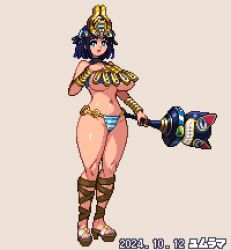  ancient_princess_menace blue_eyes blue_nails breasts commentary_request curvy dated female full_body holding large_breasts looking_at_viewer menace_(queen&#039;s_blade) nail_polish navel open_mouth panties partial_commentary pixel_art platform_footwear purple_hair queen&#039;s_blade revealing_clothes sandals short_hair simple_background solo standing striped_clothes striped_panties underboob underwear yumura_kino 