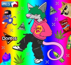  2024 black_bottomwear black_clothing black_pants bottomwear clothing drugs fur green_hair grey_body grey_fur hair hoodie lycanslasher mammal marijuana meme mouse murid murine pants pink_clothing pink_hoodie pink_topwear rodent slim_anthro slim_male smoking smoking_marijuana solo topwear 