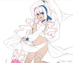  :d aer_(tengqiu) blue_eyes blue_hairband breasts dancer dark-skinned_female dark_skin female flower hair_flower hair_ornament hair_ribbon hairband long_hair looking_at_viewer low-braided_long_hair low-tied_long_hair open_mouth pink_flower ribbon simple_background smile solo south_dakota_(warship_girls_r) upper_body virtual_youtuber warship_girls_r wavy_hair white_background white_hair 