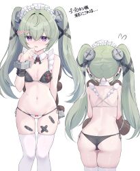  ass blush bra breasts commentary_request corin_wickes cowboy_shot female furrowed_brow green_hair highres long_hair maid mikaze_oto multiple_views navel open_mouth panties partial_commentary purple_eyes simple_background small_breasts stomach thighhighs thighs twintails underwear white_background white_panties white_thighhighs zenless_zone_zero 