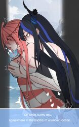  2girls absurdres blush elizabeth_rose_bloodflame grabbing_another&#039;s_breast groping highres hug hug_from_behind long_hair multiple_girls nerissa_ravencroft nipple_stimulation sex shiraae sweat yuri 