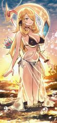  absurdres bikini black_bikini blonde_hair breasts cynthia_(pokemon) day female grey_eyes hair_ornament hair_over_one_eye highres large_breasts long_hair looking_at_viewer milotic ocean outdoors pokemon pokemon_(creature) pokemon_dppt pokemon_platinum ryairyai smile sunset swimsuit very_long_hair water 