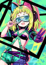  :3 ahoge animal_ear_headphones animal_ears antenna_(dohna_dohna) bandeau breasts cat_ear_headphones criss-cross_suspenders dohna_dohna_issho_ni_warui_koto_o_shiyou double_v fake_animal_ears female glasses gloves green_eyes green_hair headphones highres looking_at_viewer medium_hair nangong_(skarndrnjs) oerba_yun_fang open_mouth short_eyebrows shorts shrug_(clothing) single_glove small_breasts smile solo suspender_shorts suspenders v 