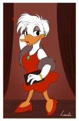  anatid anseriform anthro avian bird clothing daisy_duck disney dress duck ear_piercing ear_ring female footwear fur_boa half-closed_eyes hand_behind_head heart_symbol hi_res high_heels kinkypeach lipstick looking_at_viewer makeup narrowed_eyes piercing pinup pose purse quack_pack red_clothing red_dress red_footwear red_high_heels red_lipstick ring_piercing shoes solo stage vintage_pinup 