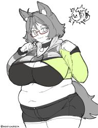  absurdres ahoge animal_ear_fluff animal_ears breasts character_name cleavage clenched_hands closed_mouth cowboy_shot dog_girl english_commentary fat female glasses highres hood hoodie huge_breasts indie_virtual_youtuber long_sleeves looking_at_viewer massgrave_art medium_hair mint_castella navel red-framed_eyewear semi-rimless_eyewear short_shorts shorts simple_background solo tail thick_thighs thighs virtual_youtuber white_background 