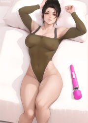  arms_up black_hair breasts brown_eyes cleavage collarbone covered_navel cyberpunk_(series) cyberpunk_2077 female flowerxl green_leotard hitachi_magic_wand large_breasts legs leotard long_sleeves looking_at_viewer lying on_back on_bed panam_palmer pillow sex_toy sleeved_leotard solo vibrator 