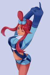  arms_up birb_(flightless_birb) blue_eyes blue_gloves blue_shorts breasts crop_top cropped_jacket derivative_work english_commentary female gloves hair_ornament highres large_breasts midriff one_eye_closed one_side_up pokemon pokemon_bw red_hair short_shorts shorts sidelocks skyla_(pokemon) smile solo stretching 