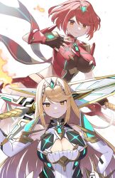  2girls aegis_sword_(xenoblade) blonde_hair bob_cut breasts brown_gloves cleavage cleavage_cutout closed_mouth clothing_cutout commentary_request core_crystal_(xenoblade) dress elbow_gloves fingerless_gloves gloves hand_on_own_hip highres hip_vent holding holding_sword holding_weapon impossible_clothes kinagi_(3307377) large_breasts long_hair looking_at_viewer multiple_girls mythra_(xenoblade) over_shoulder pyra_(xenoblade) red_eyes red_hair red_shorts short_hair shorts simple_background swept_bangs sword tiara weapon weapon_over_shoulder white_background white_dress white_gloves xenoblade_chronicles_(series) xenoblade_chronicles_2 yellow_eyes 