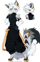  2024 black_body black_fur black_sleeveless_shirt domestic_cat felid feline felis fur grey_body grey_fur hi_res kemono looking_at_viewer mammal nottaii slim_anthro slim_male standing white_body white_fur yellow_eyes 