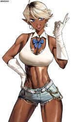  abs animal_print bare_shoulders blue_bow blue_bowtie blue_eyes blue_lips bow bowtie breasts chains cleavage commentary dark-skinned_female dark_elf dark_skin denim denim_shorts detached_collar earrings elf english_commentary female gloves hand_on_own_hip highres holding holding_key hoop_earrings jewelry key leopard_print madoro_q mixed-language_commentary multicolored_hair muscular muscular_female navel open_mouth original pointy_ears short_hair shorts simple_background solo two-tone_hair v white_background white_gloves 