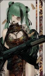  akm assault_rifle between_breasts black_hair black_jacket black_lips black_nails blunt_bangs blurry blurry_foreground breast_tattoo breasts china_dress chinese_clothes cigarette cleavage cleavage_cutout clothing_cutout commentary_request cross cross_necklace depth_of_field double_bun dragon_print dress ear_piercing female fishnet_pantyhose fishnets floral_print green_hair grey_background grey_eyes gun hair_bun harness head_tilt highres jacket jewelry kalashnikov_rifle large_breasts lipstick long_hair long_sleeves looking_at_viewer makeup mole mole_on_breast mole_under_eye mole_under_mouth monocle multicolored_hair necklace open_clothes open_jacket original outside_border pantyhose pelvic_curtain piercing rifle ring satsuki_kei side_slit sleeveless sleeveless_dress smoke smoking solo tattoo two-tone_hair weapon 